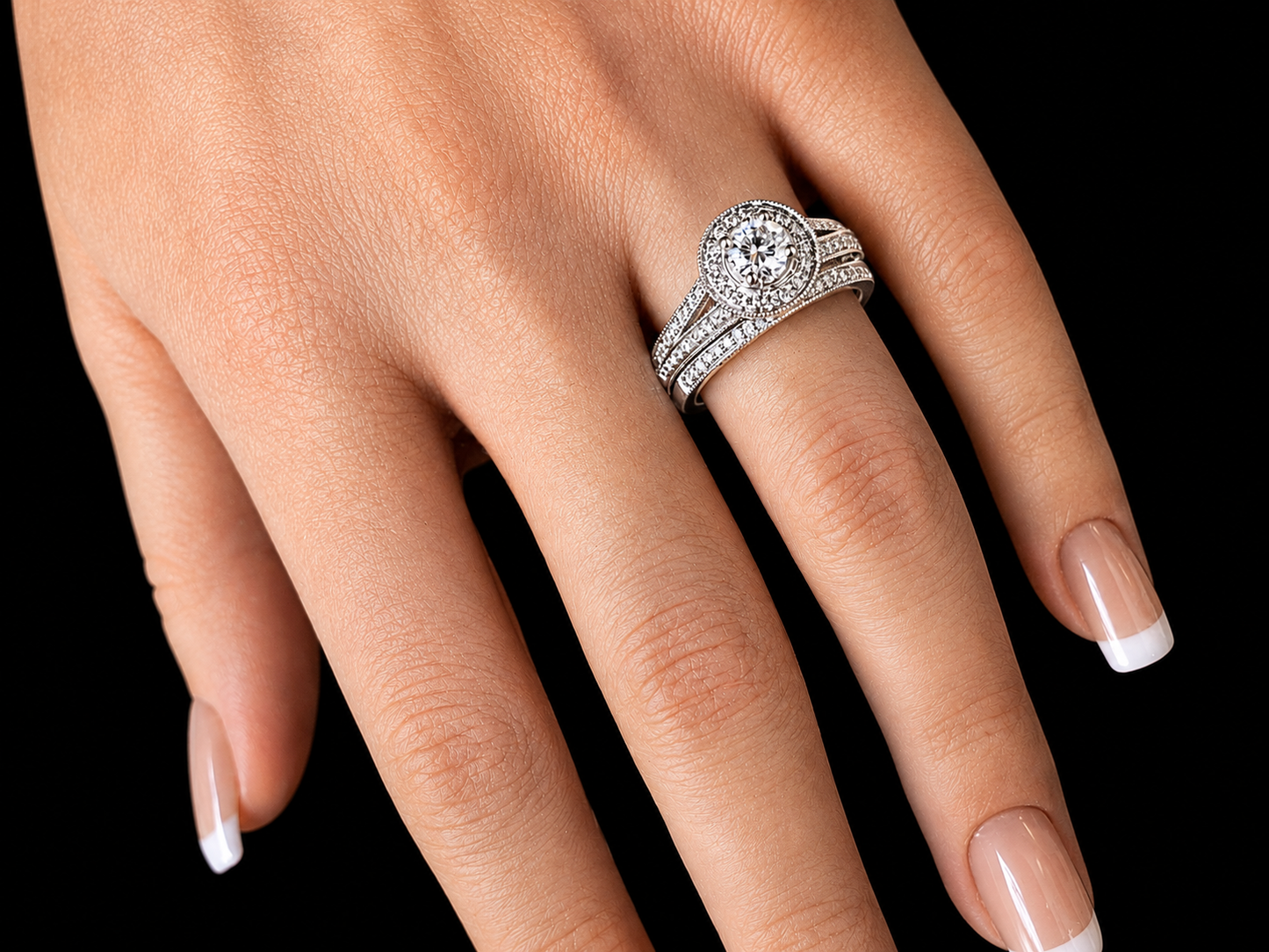 14K White Gold Diamond Halo Engagement Ring Set – 1.05 CTW Natural Diamonds Angelica Jewellers