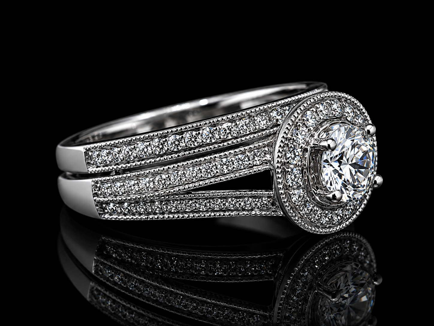 14K White Gold Diamond Halo Engagement Ring Set – 1.05 CTW Natural Diamonds Angelica Jewellers