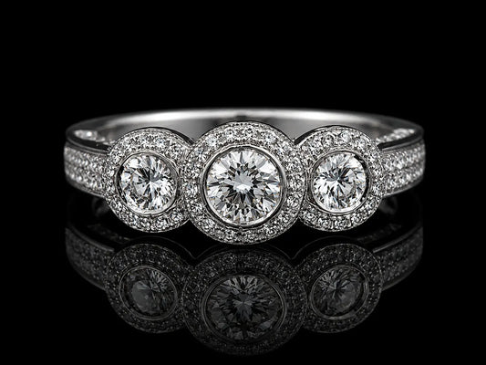 18K White Gold Vintage Trilogy Diamond Ring – 0.85 CT VS F-G Natural Diamonds Angelica Jewellers
