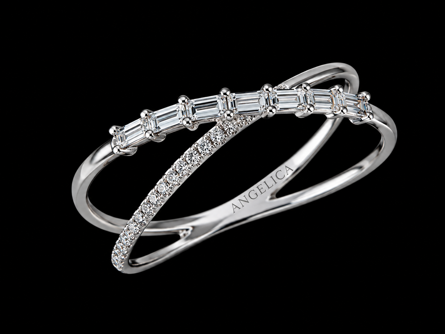 14K White Gold Criss Cross Diamond Ring – 0.19 CT Natural Round & Baguette Diamonds Angelica Jewellers