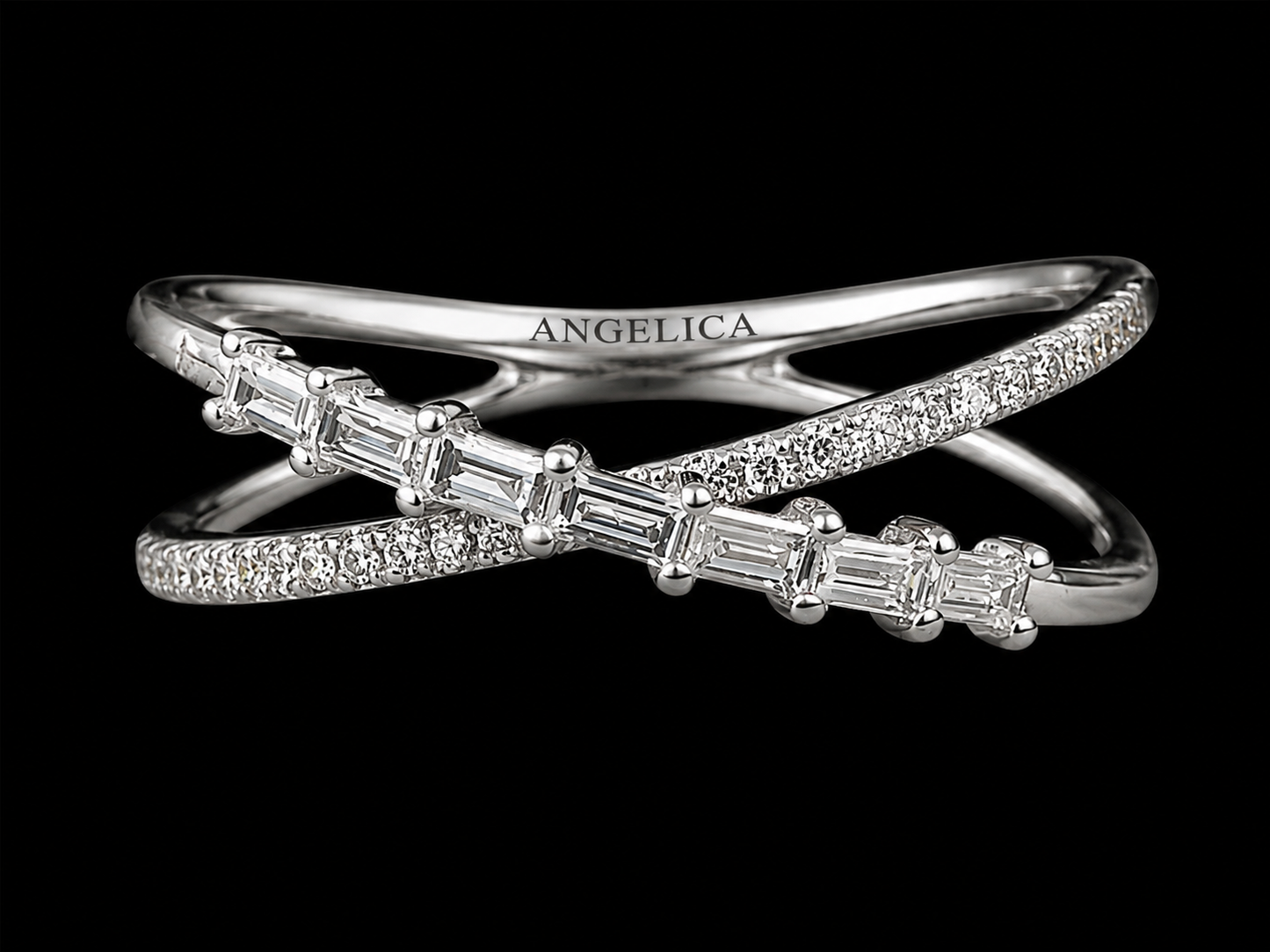 14K White Gold Criss Cross Diamond Ring – 0.19 CT Natural Round & Baguette Diamonds Angelica Jewellers