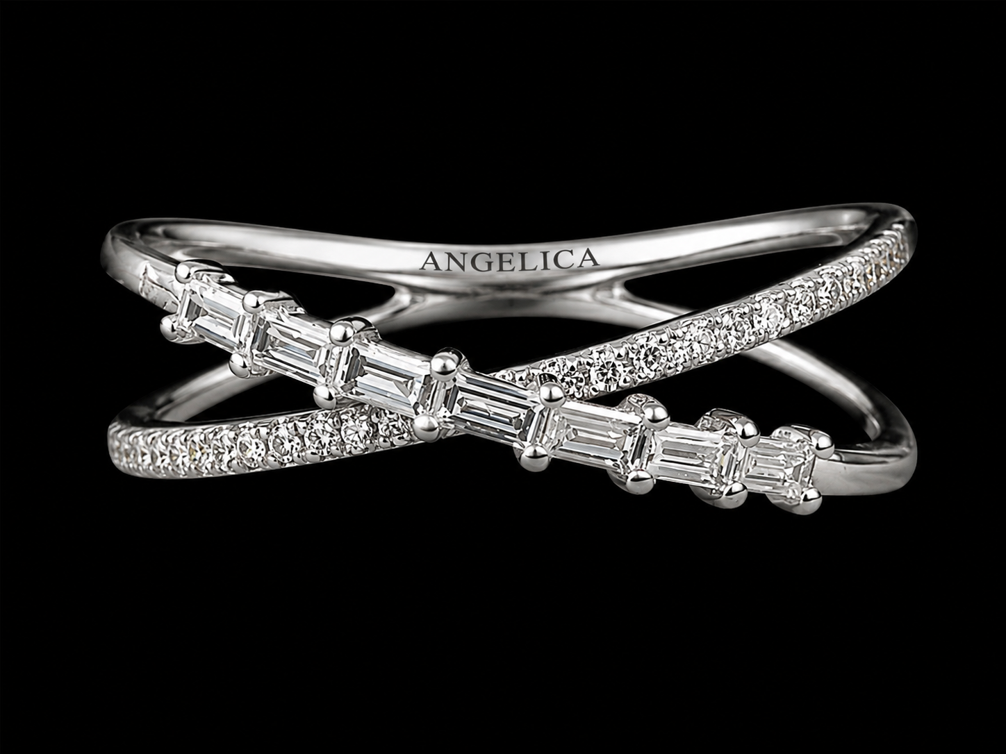14K White Gold Criss Cross Diamond Ring – 0.19 CT Natural Round & Baguette Diamonds Angelica Jewellers