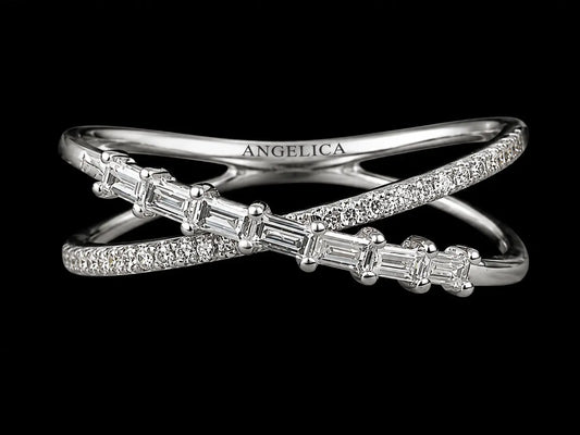 14K White Gold Criss Cross Diamond Ring – 0.19 CT Natural Round & Baguette Diamonds Angelica Jewellers