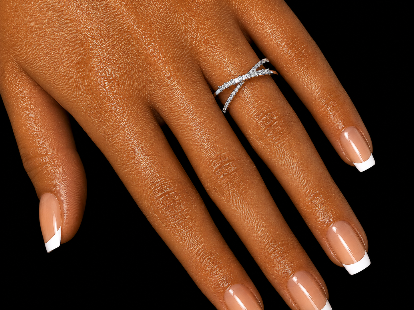 14K White Gold Criss Cross Diamond Ring – 0.19 CT Natural Round & Baguette Diamonds Angelica Jewellers