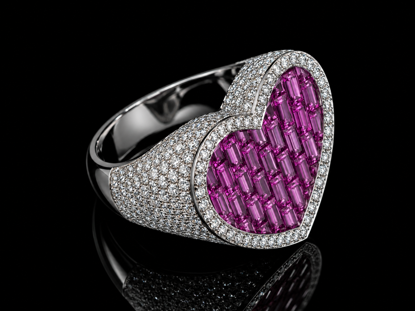 10K White Gold Natural Pink Sapphire & Diamond Heart Ring – 10.88 CT Total Gem Weight