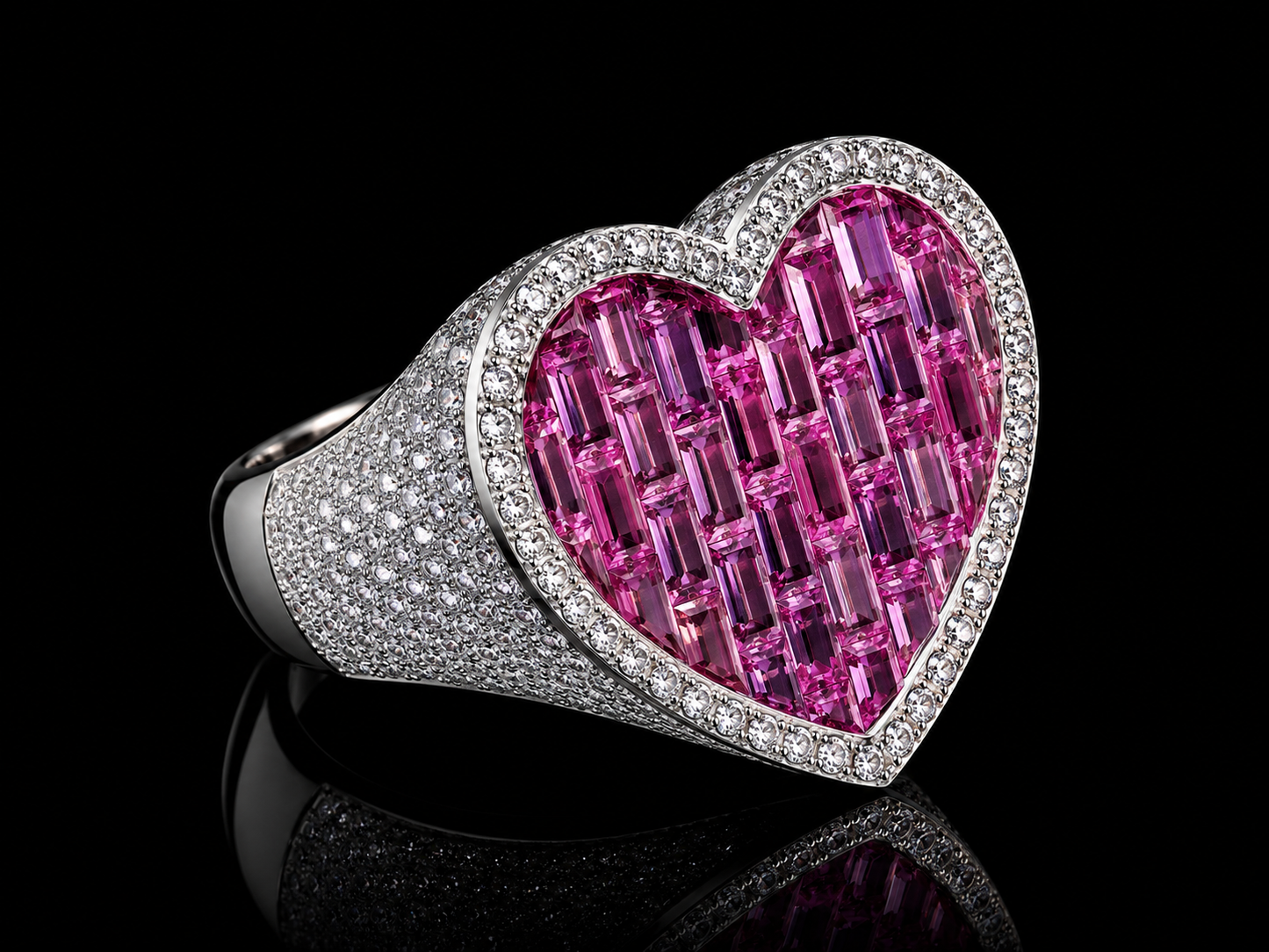 10K White Gold Natural Pink Sapphire & Diamond Heart Ring – 10.88 CT Total Gem Weight