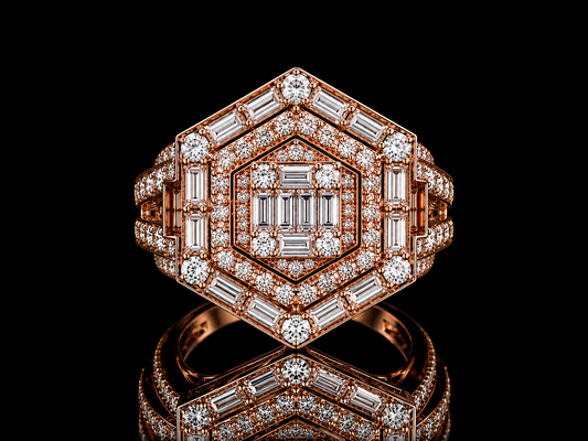 10K Rose Gold Diamond Hexagon Statement Ring – 4.80 CTW VVS F+ Diamonds