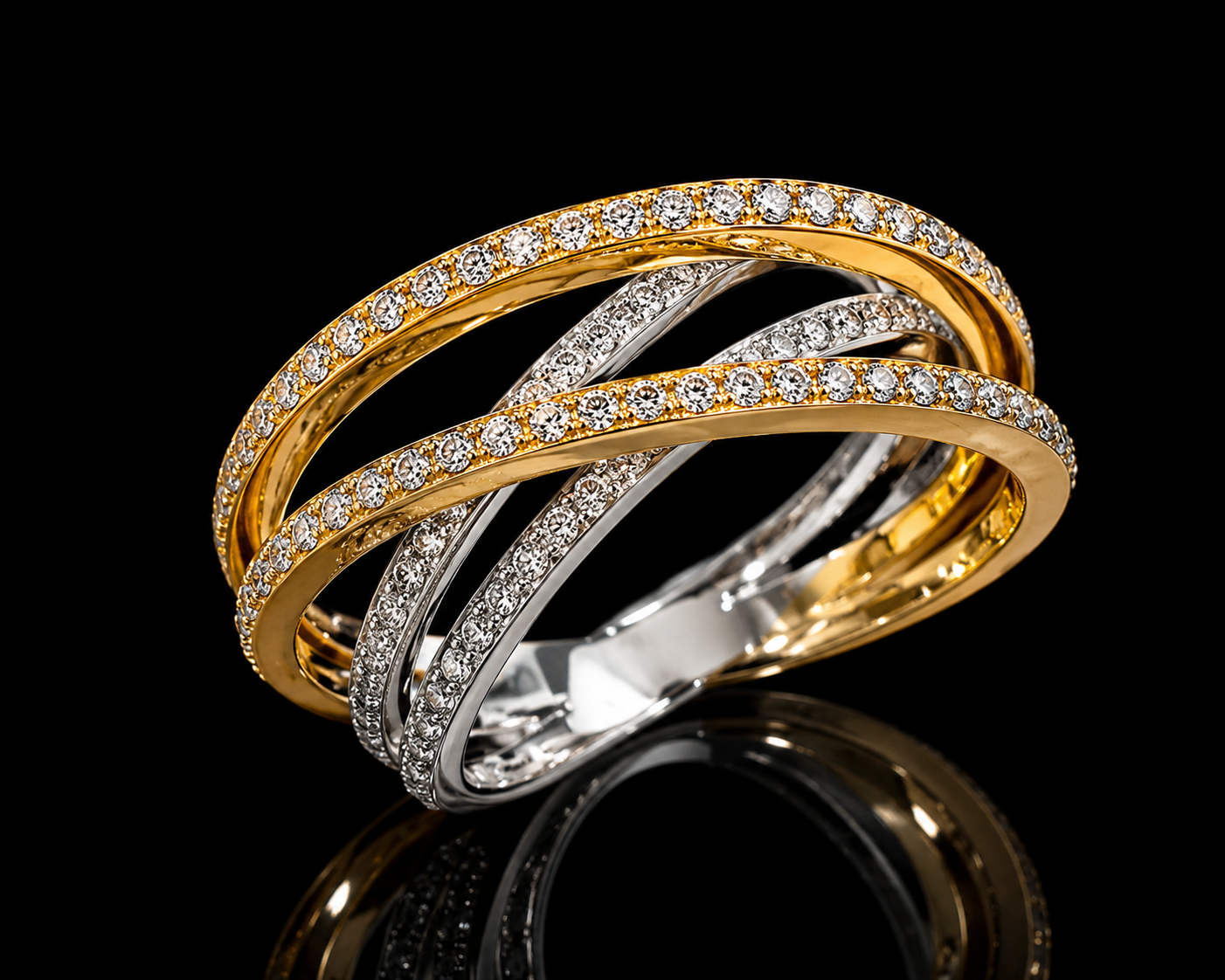 18K Two-Tone Gold Diamond Twist Ring – 0.50 CT Natural VS F Diamonds | Interlaced 4-Branch Design
