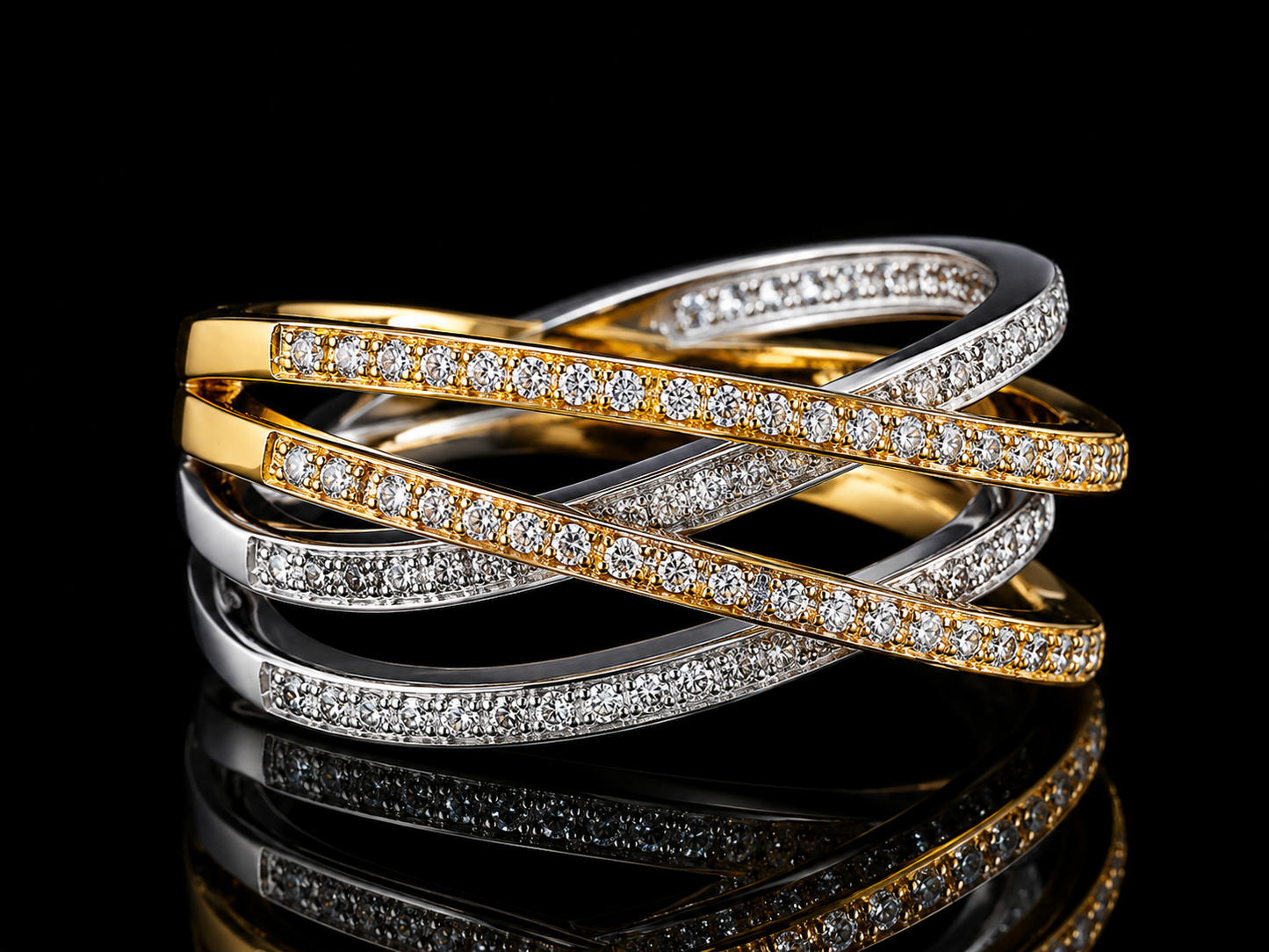 18K Two-Tone Gold Diamond Twist Ring – 0.50 CT Natural VS F Diamonds | Interlaced 4-Branch Design