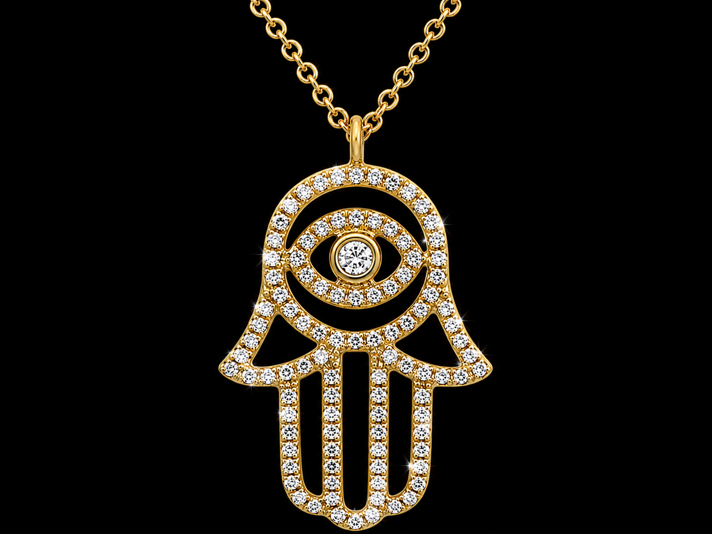 14K Yellow Gold Diamond Hamsa Pendant Necklace