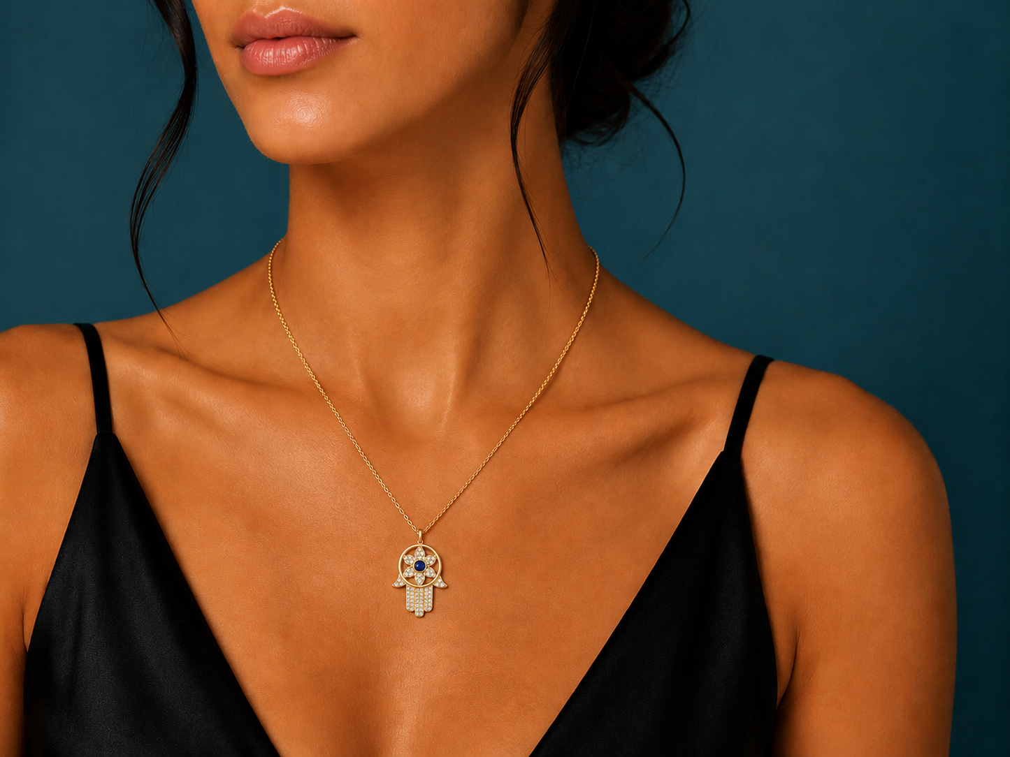 14K Yellow Gold Diamond & Sapphire Hamsa Pendant Necklace