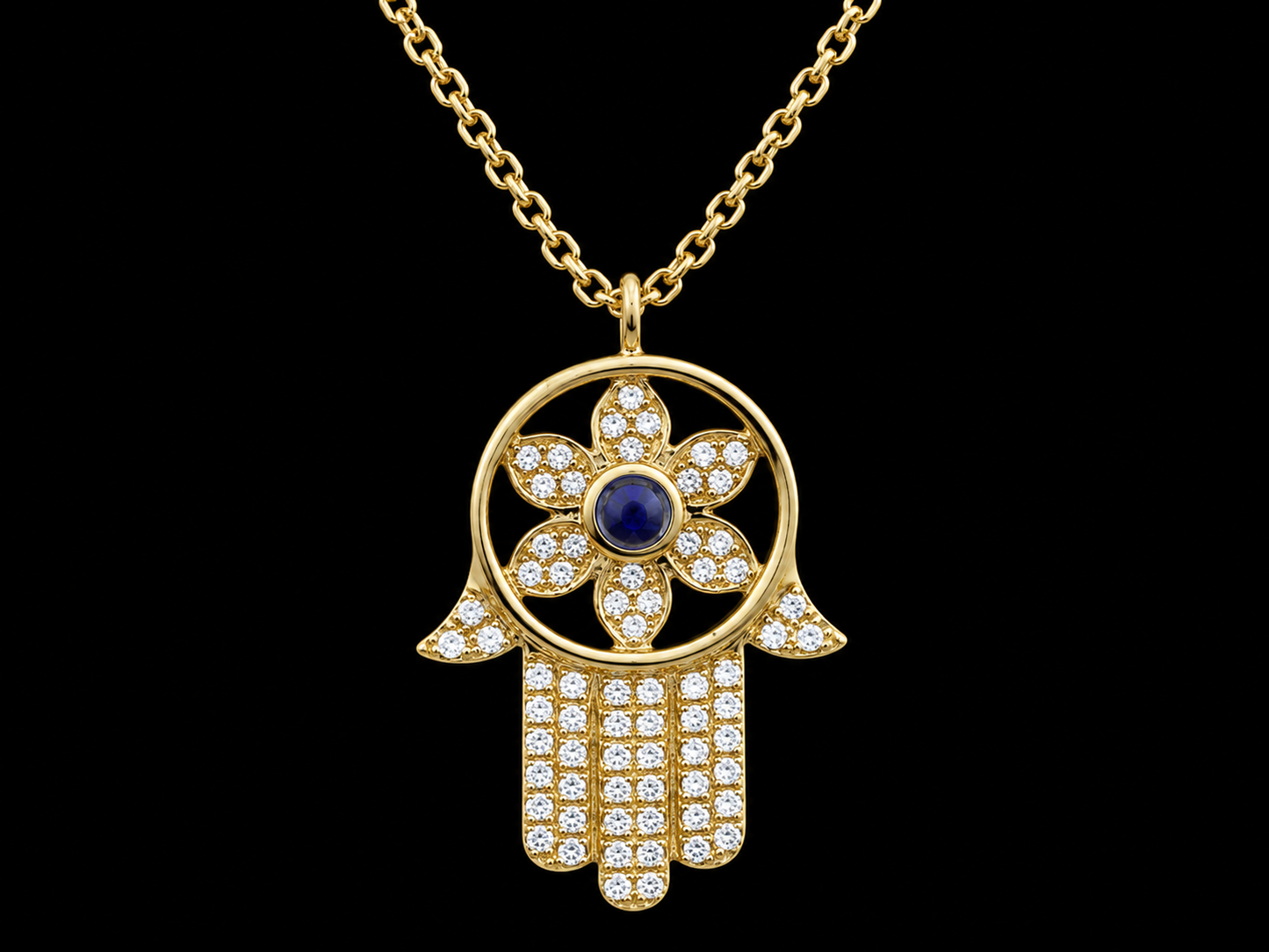 14K Yellow Gold Diamond & Sapphire Hamsa Pendant Necklace