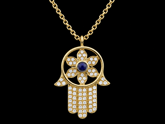 14K Yellow Gold Diamond & Sapphire Hamsa Pendant Necklace