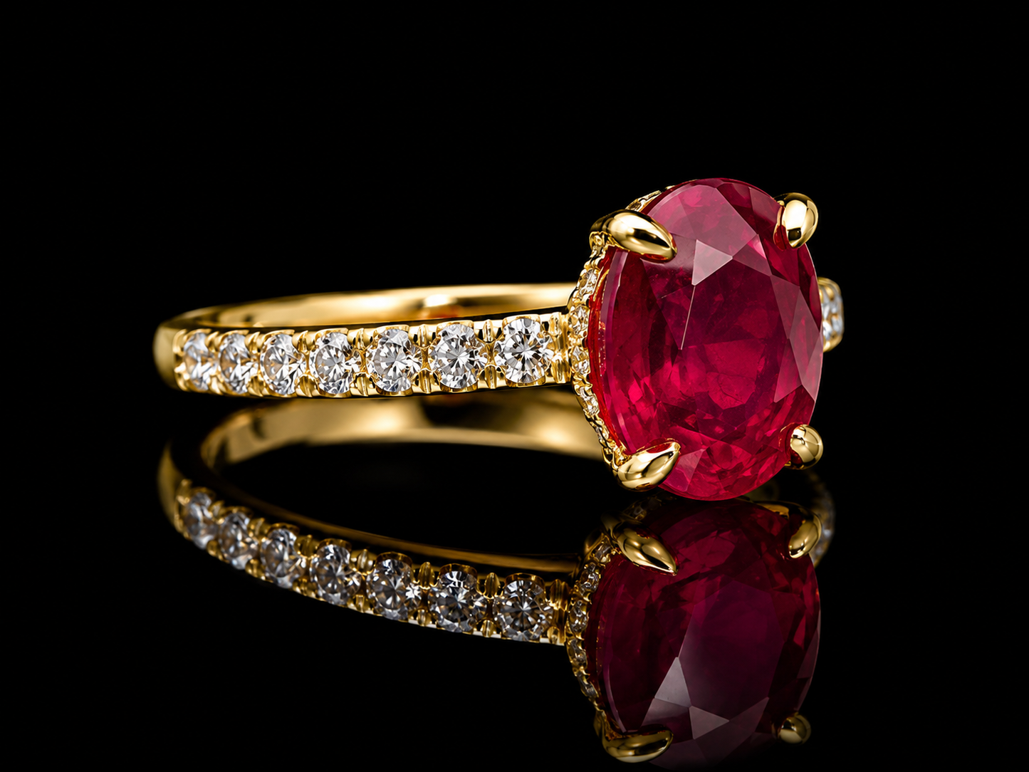 3.69 ct Diamondlite Ruby® Pigeon Blood Red Ring in 18K Yellow Gold with 0.50 ct Diamond Accents
