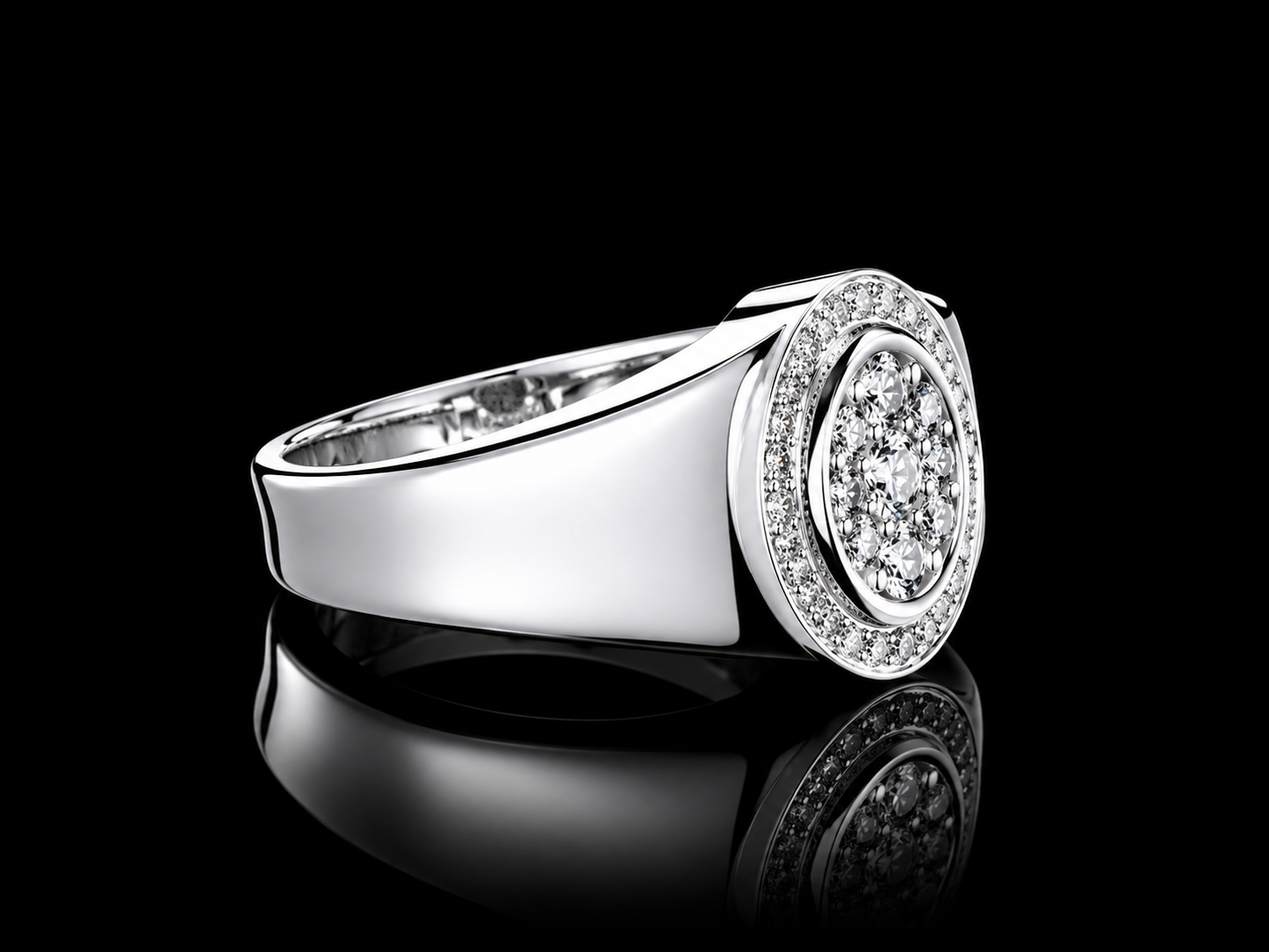 14K White Gold Oval Diamond Signet Ring – 1.00 CT Natural Diamonds