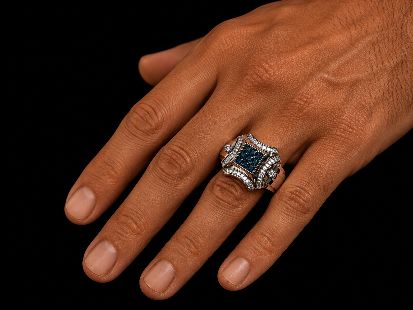 14K White Gold Old School Signet Ring – 2.00 CT White & Blue Diamond Ring