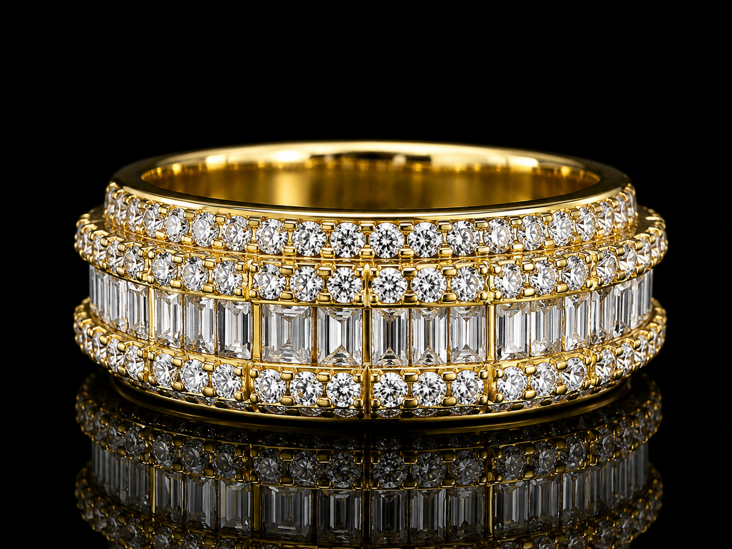 14K Yellow Gold 1.20 CT Diamond Band – Round & Baguette Double-Step Design
