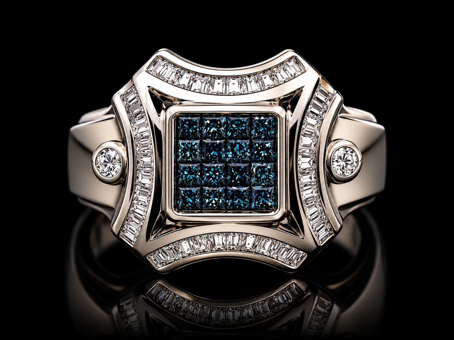 14K White Gold Old School Signet Ring – 2.00 CT White & Blue Diamond Ring