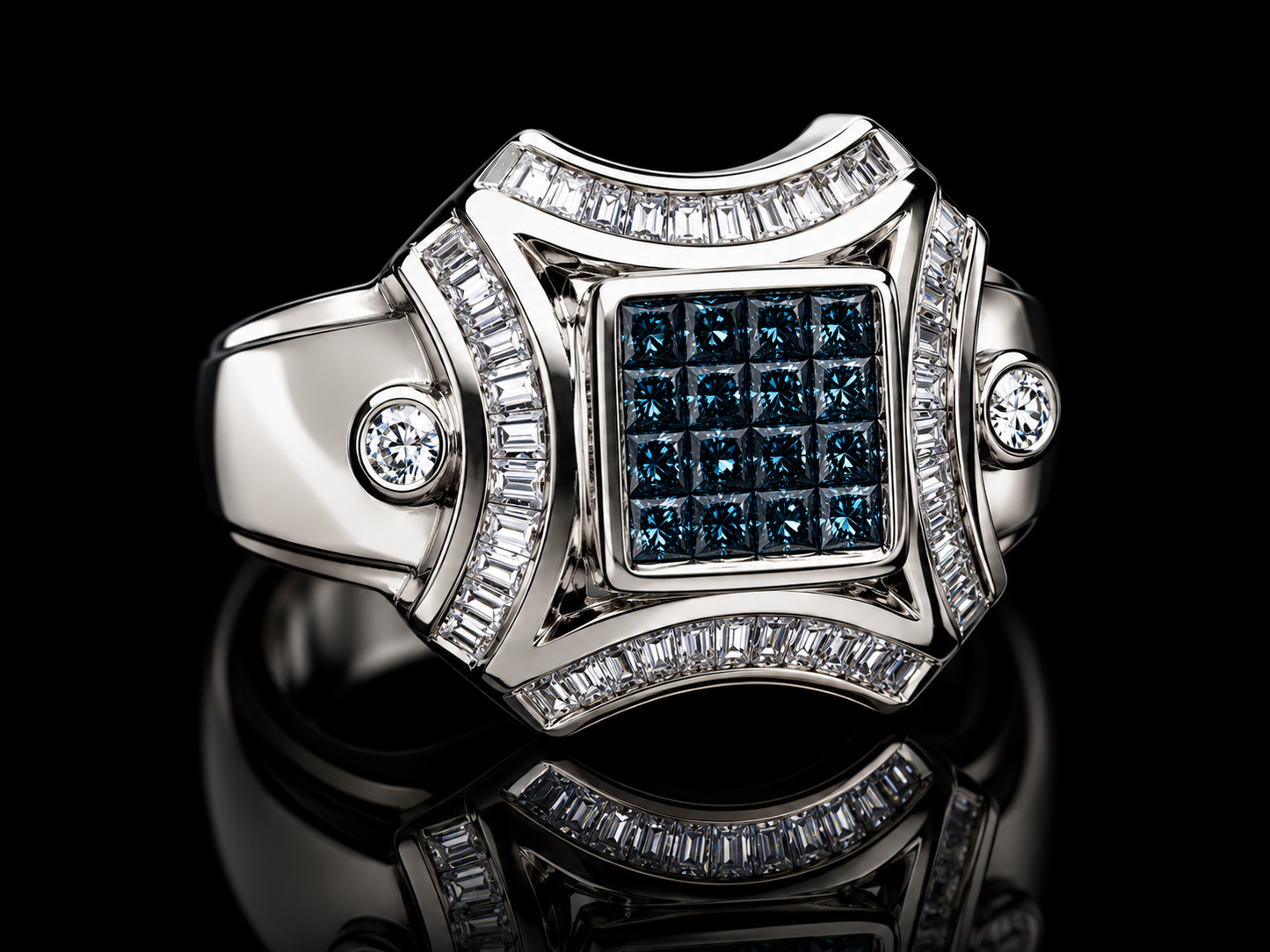 14K White Gold Old School Signet Ring – 2.00 CT White & Blue Diamond Ring
