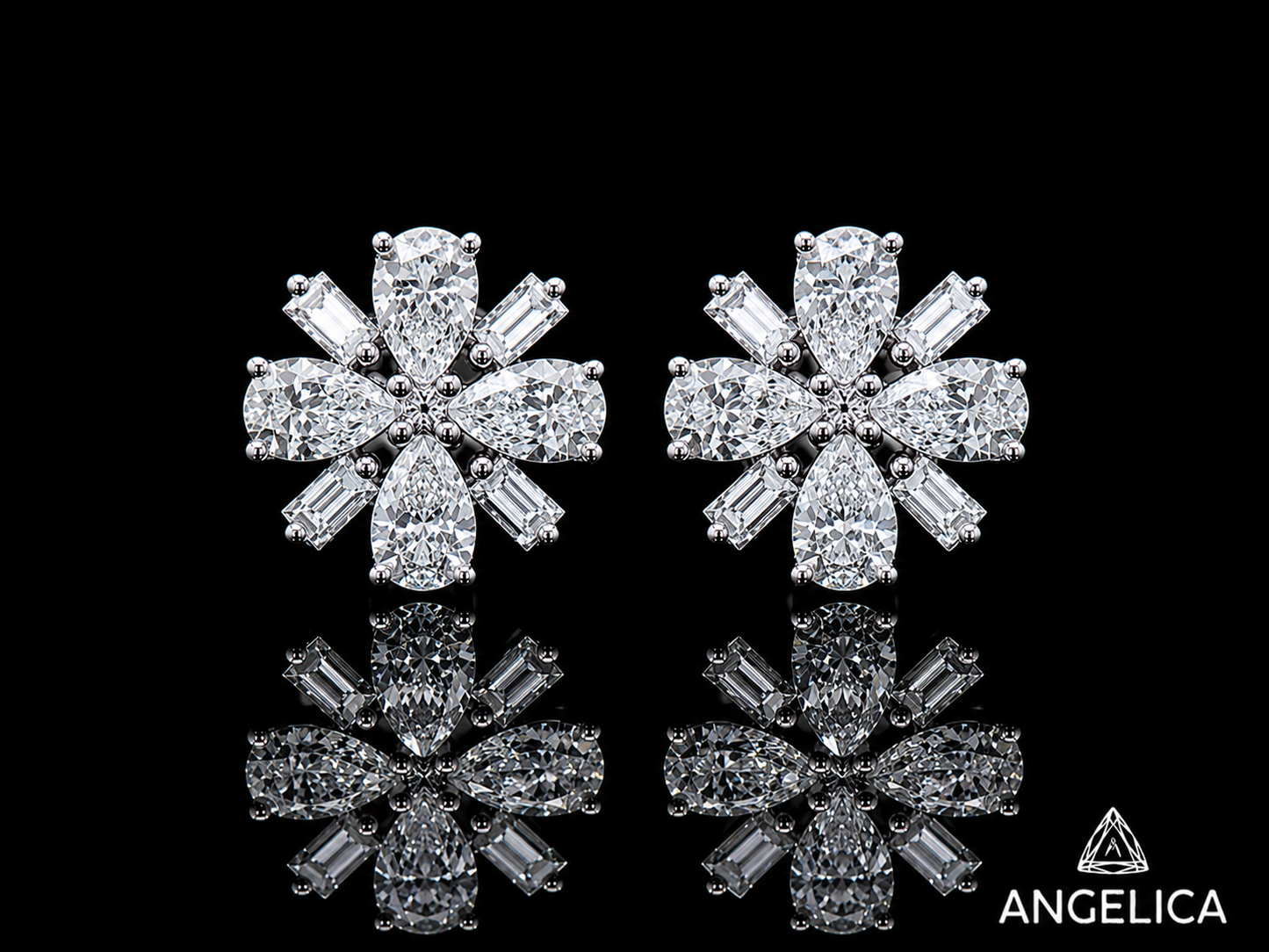14K WHITE GOLD PEAR SHAPE & BAGUETTE VVS F+ DIAMOND EARRINGS