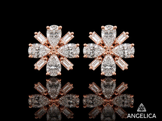 14K ROSE GOLD PEAR SHAPE & BAGUETTE VVS F+ DIAMOND EARRINGS Angelica Jewellers
