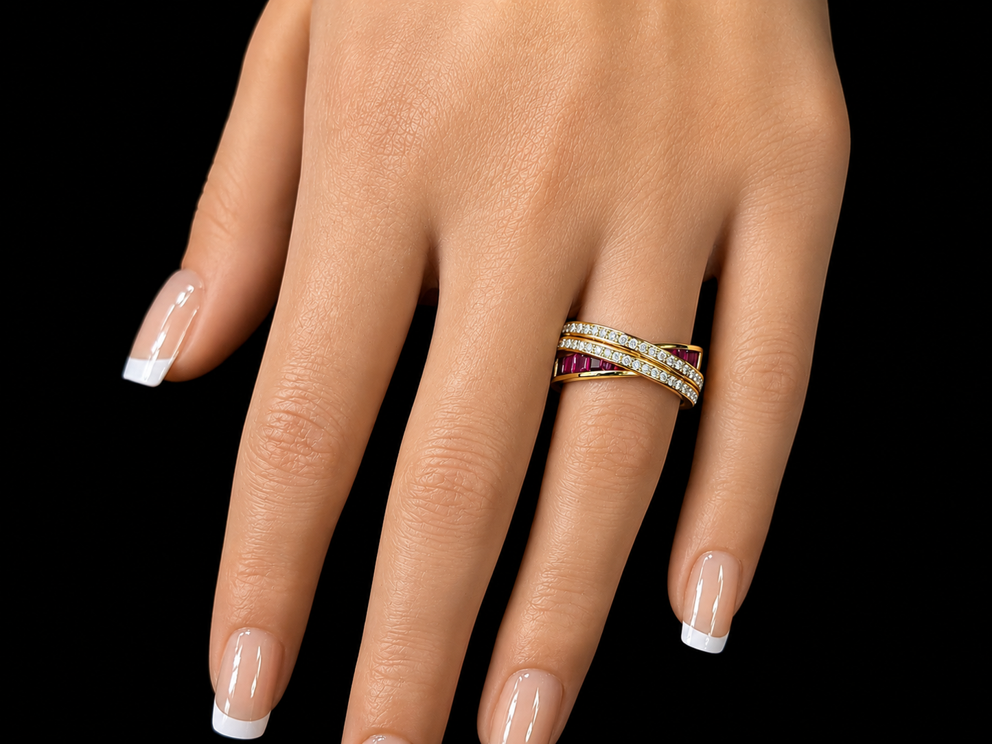 18K Yellow Gold Natural Ruby & Diamond Criss-Cross Ring – 1.30 CT Princess-Cut Rubies