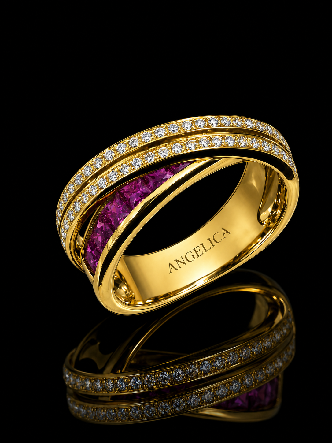 18K Yellow Gold Natural Ruby & Diamond Criss-Cross Ring – 1.30 CT Princess-Cut Rubies