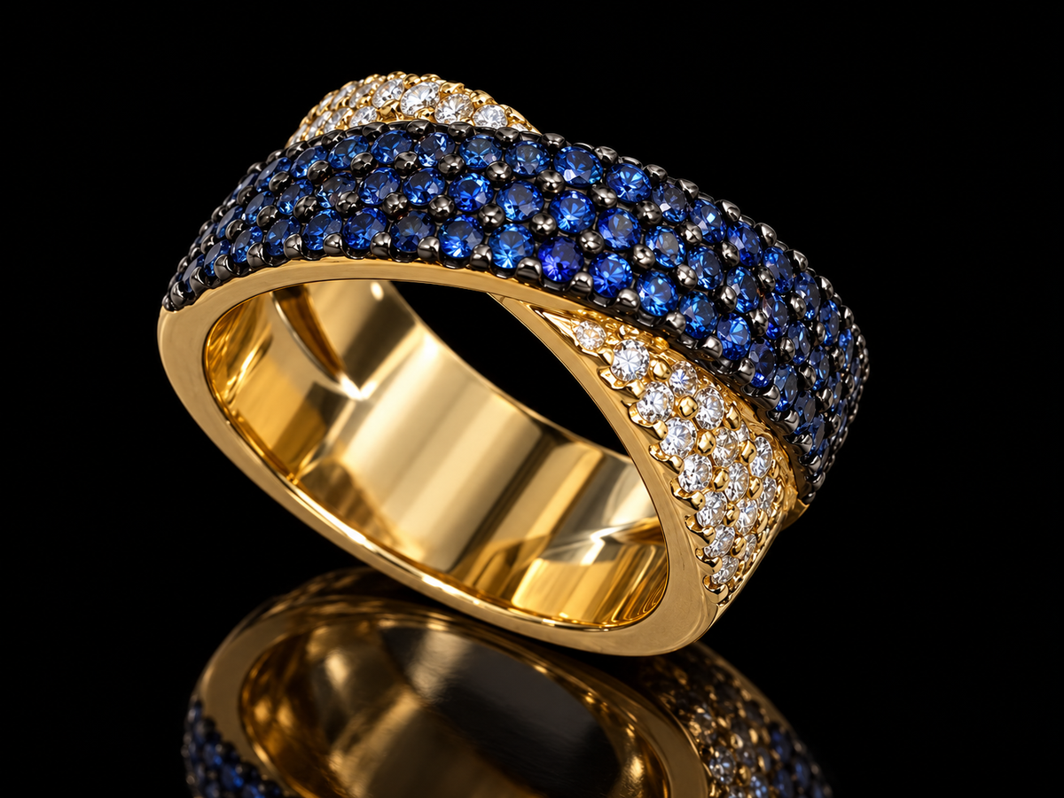 Natural Blue Sapphire & Diamond Crossover Ring