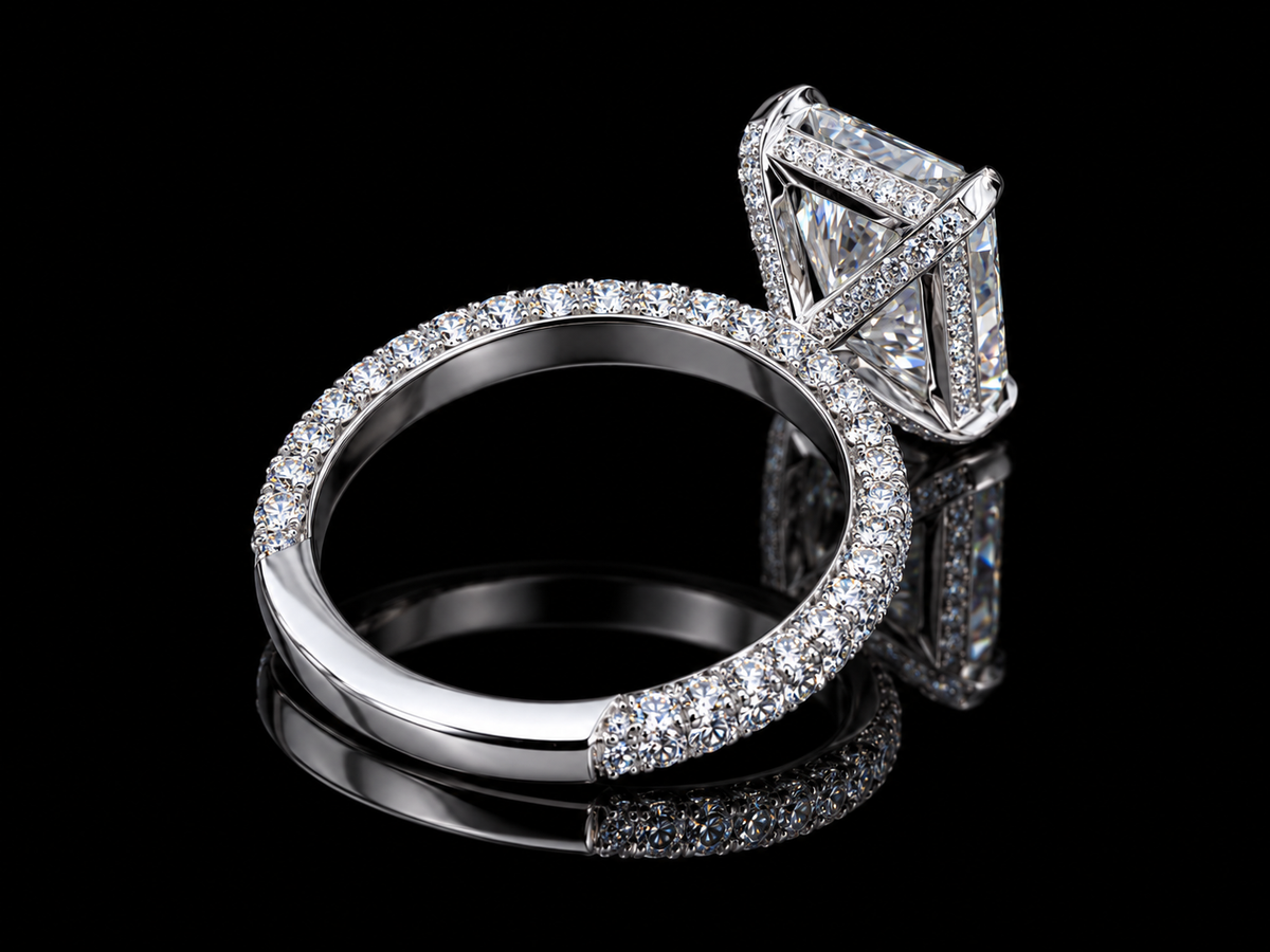 4.40 CT Elongated Radiant Diamond Engagement Ring – E VVS2 | Triple-Row Pavé