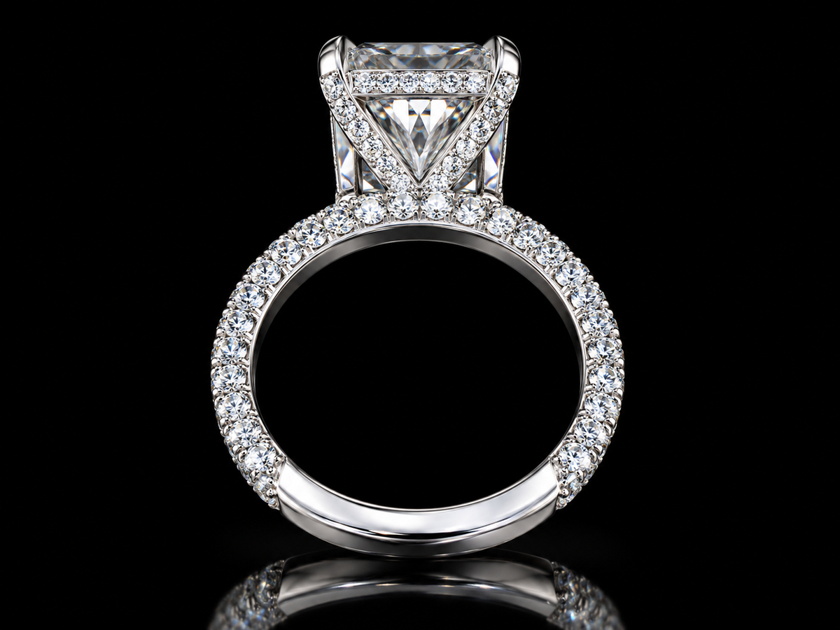 4.40 CT Elongated Radiant Diamond Engagement Ring – E VVS2 | Triple-Row Pavé