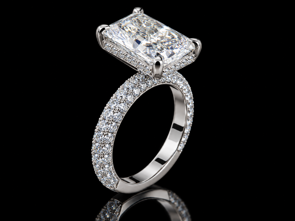 4.40 CT Elongated Radiant Diamond Engagement Ring – E VVS2 | Triple-Row Pavé