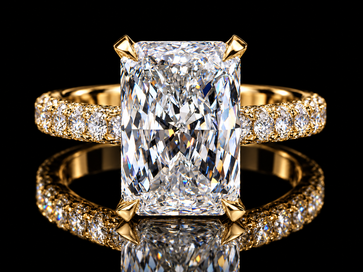 4.40 CT Elongated Radiant Diamond Engagement Ring – E VVS2 | Triple-Row Pavé