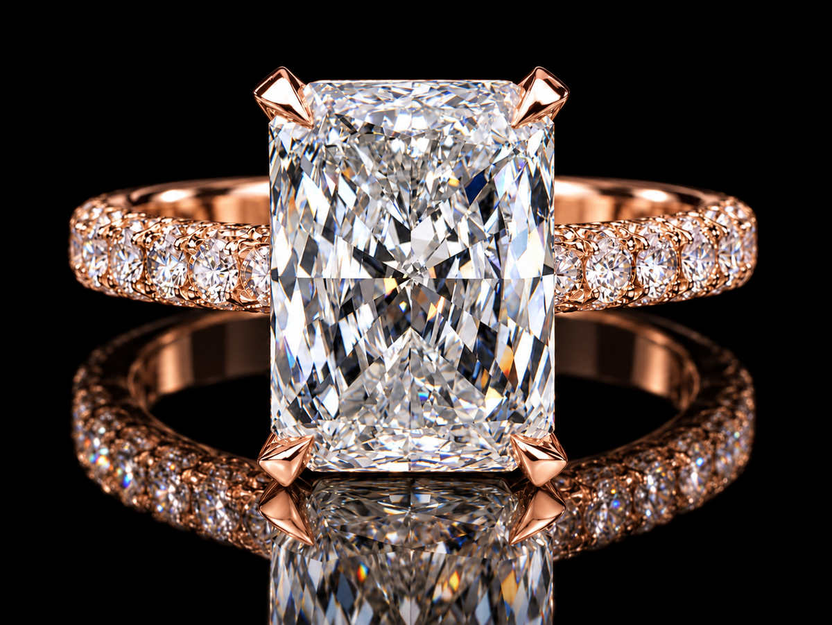 4.40 CT Elongated Radiant Diamond Engagement Ring – E VVS2 | Triple-Row Pavé