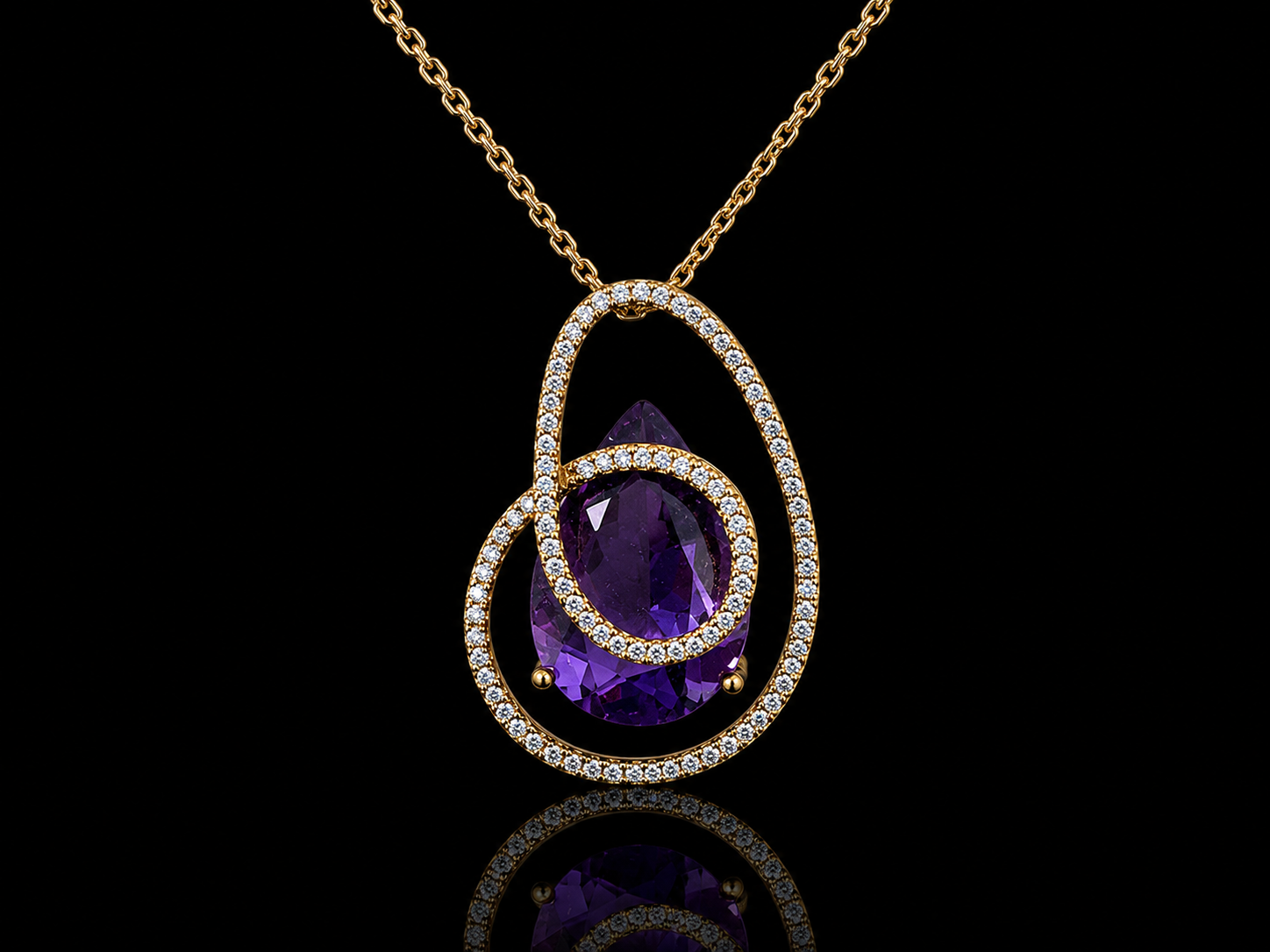 14K Rose Gold 6.50 CT Pear Amethyst &amp; Natural Diamond Swirl Necklace Angelica Jewellers