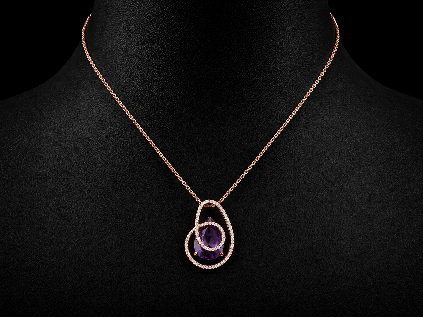 14K Rose Gold 6.50 CT Pear Amethyst &amp; Natural Diamond Swirl Necklace Angelica Jewellers