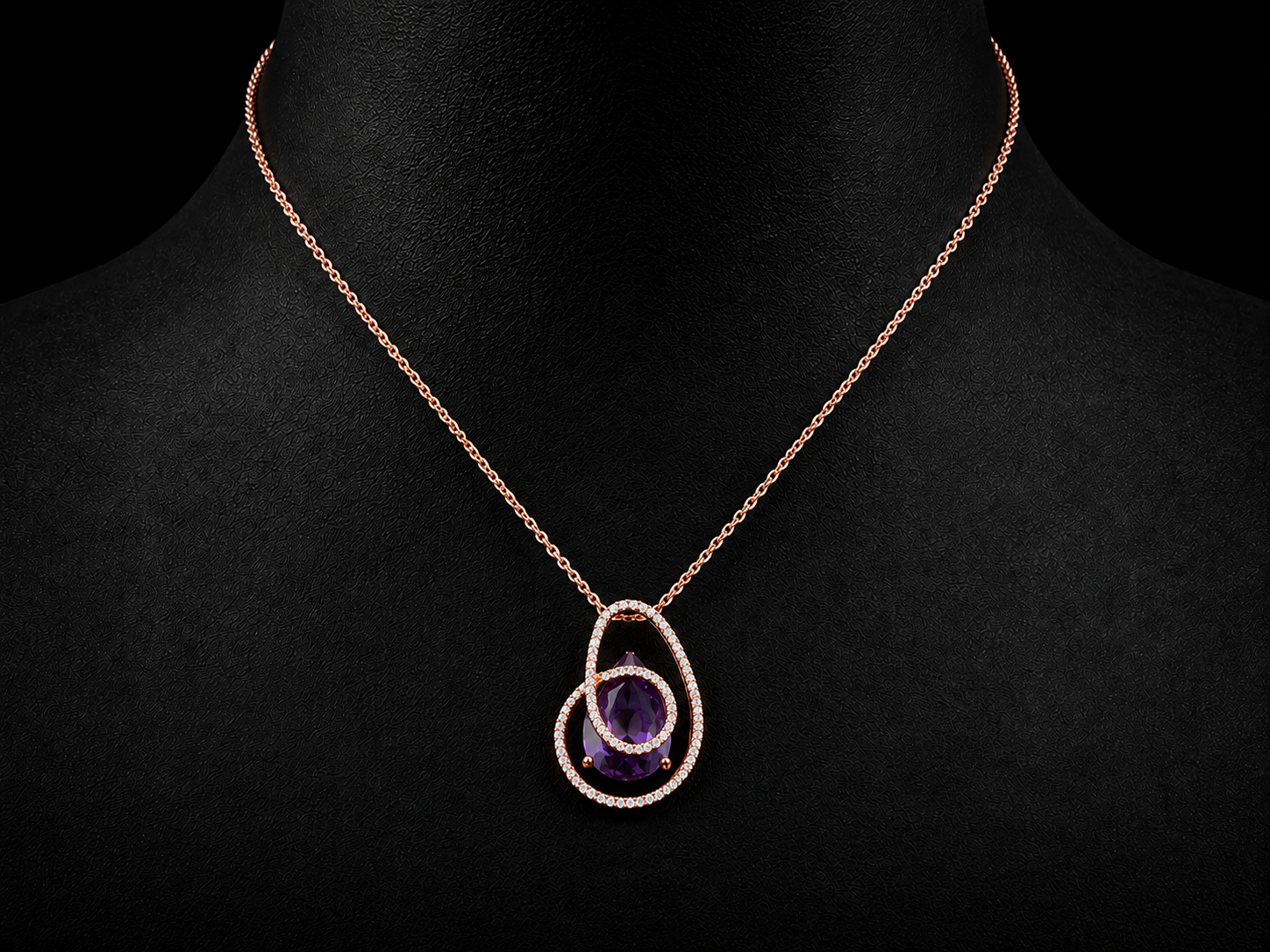 14K Rose Gold 6.50 CT Pear Amethyst &amp; Natural Diamond Swirl Necklace Angelica Jewellers