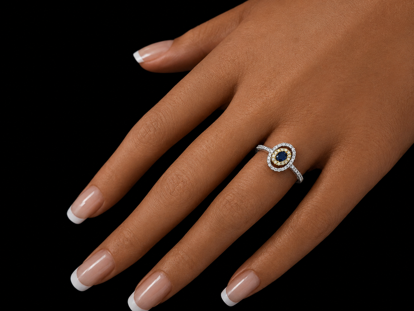 18K Two-Tone White Gold Natural Sapphire & Diamond Halo Ring