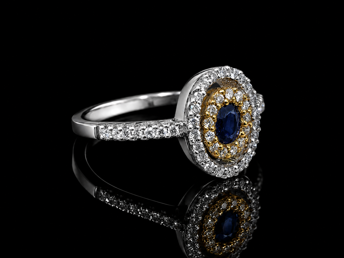 18K Two-Tone White Gold Natural Sapphire & Diamond Halo Ring