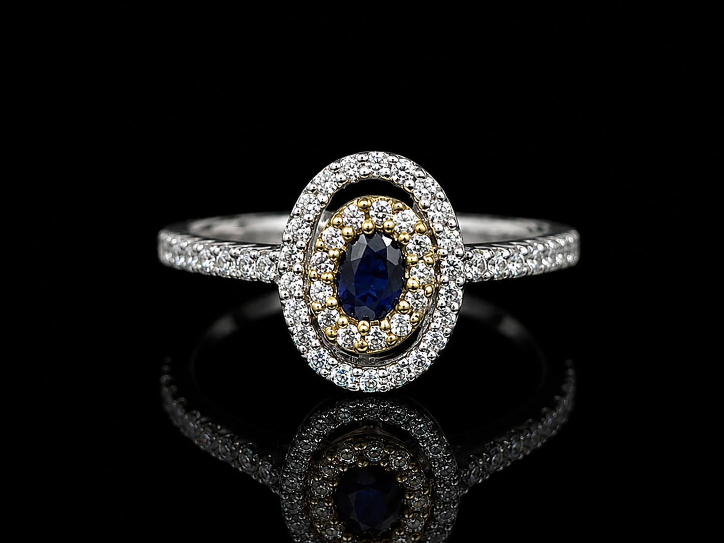 18K Two-Tone White Gold Natural Sapphire & Diamond Halo Ring