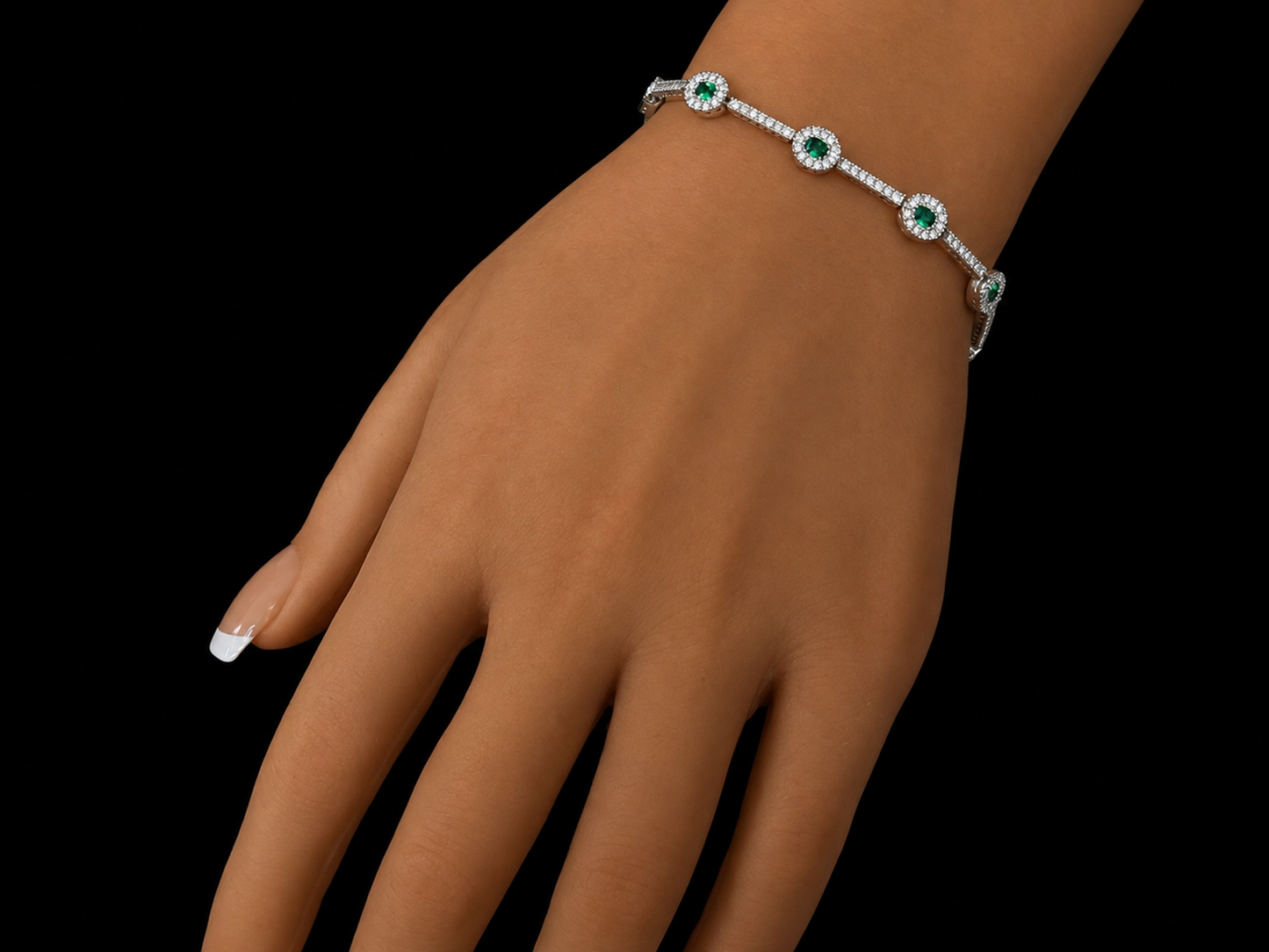 18K White Gold Tsavorite &; Diamond Halo Tennis Bracelet