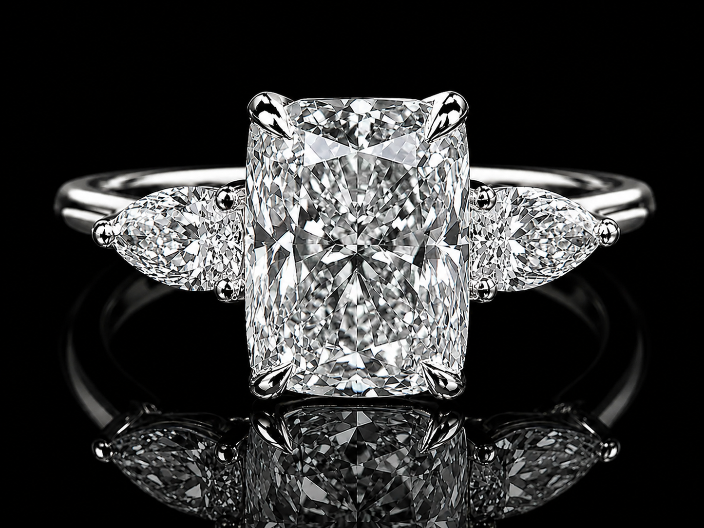 Gold Trilogy Engagement Ring with 3.00 CT Elongated Cushion-Cut Diamond  Pear shape side Diamonds diamonds