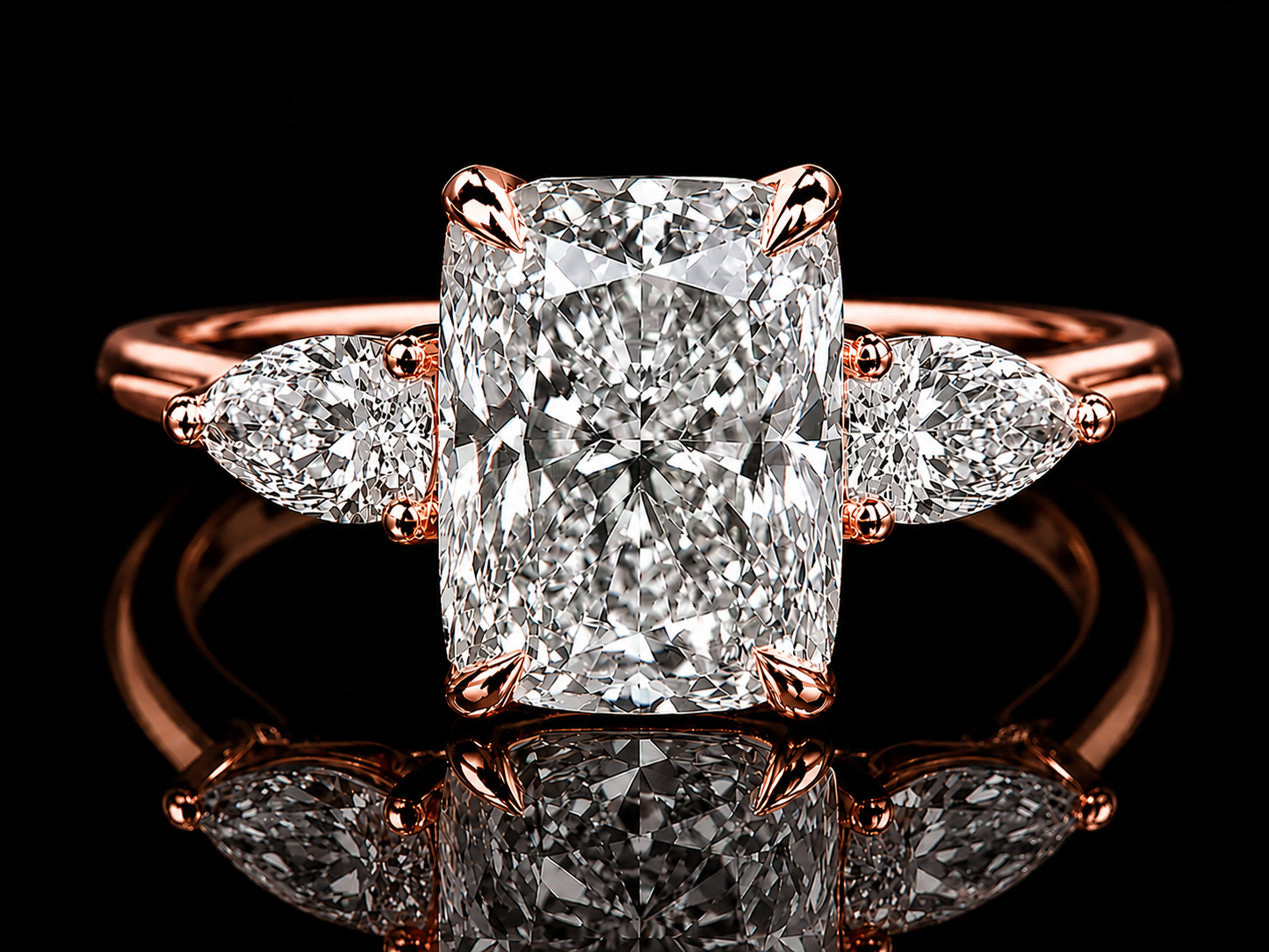Gold Trilogy Engagement Ring with 3.00 CT Elongated Cushion-Cut Diamond  Pear shape side Diamonds diamonds
