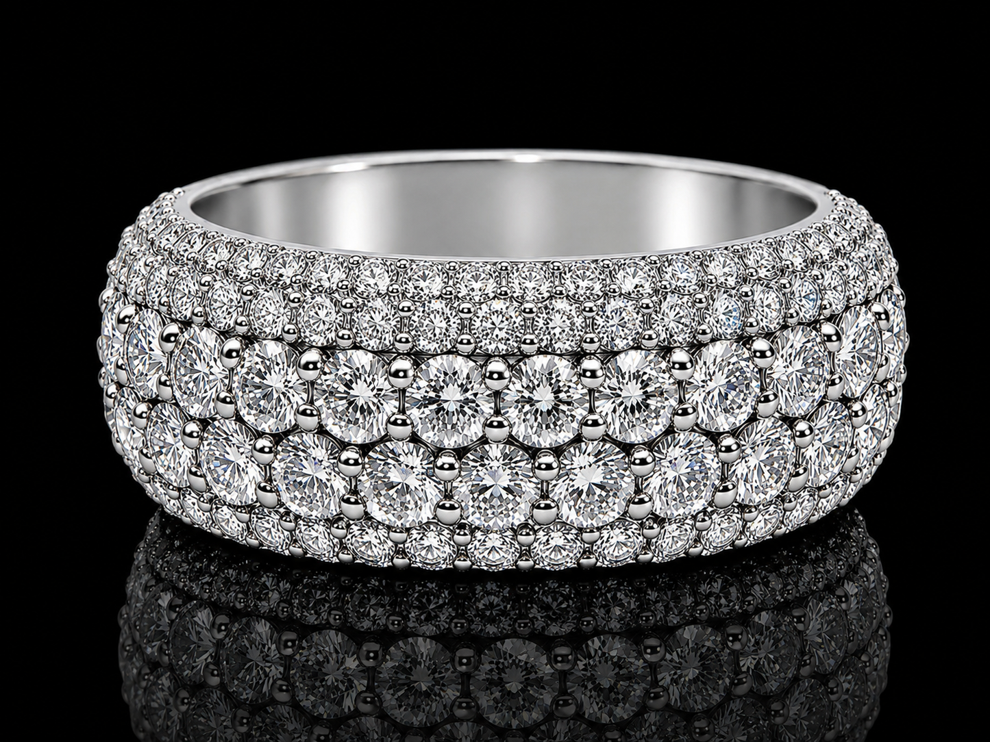10K White Gold 6-Row Diamond Semi-Eternity Bomber Ring – 4.60 CT VVS F+