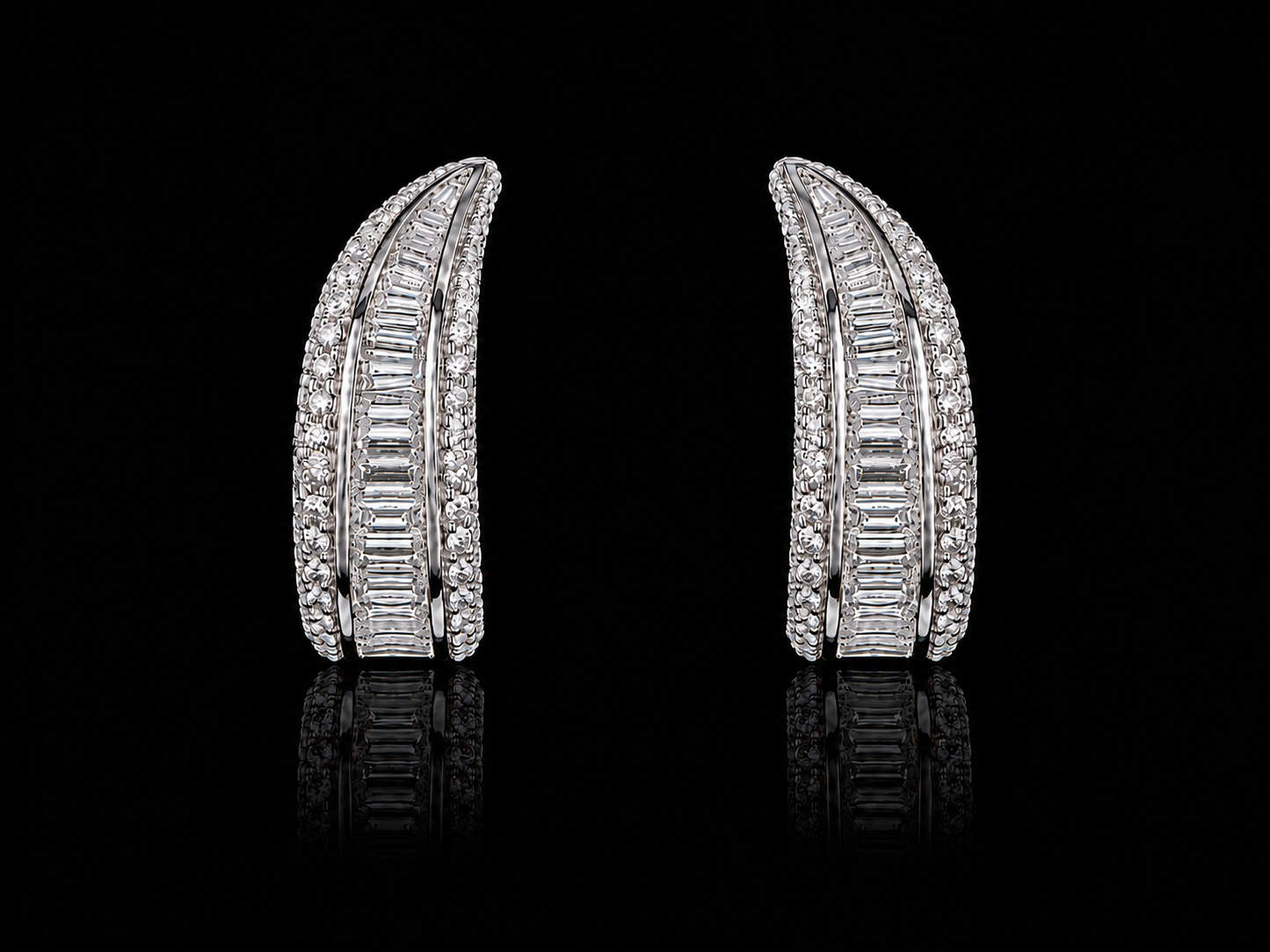18K White Gold Baguette &amp; Round Diamond Huggies