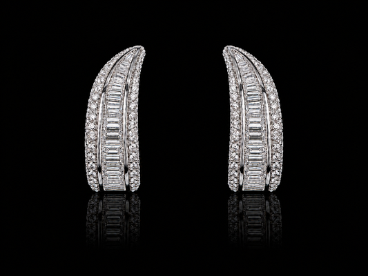 18K White Gold Baguette &amp; Round Diamond Huggies