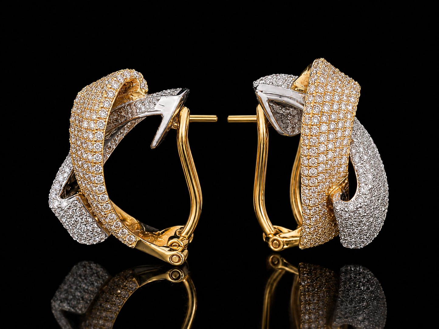 18K Two-Tone Gold Diamond Twist Huggie Earrings