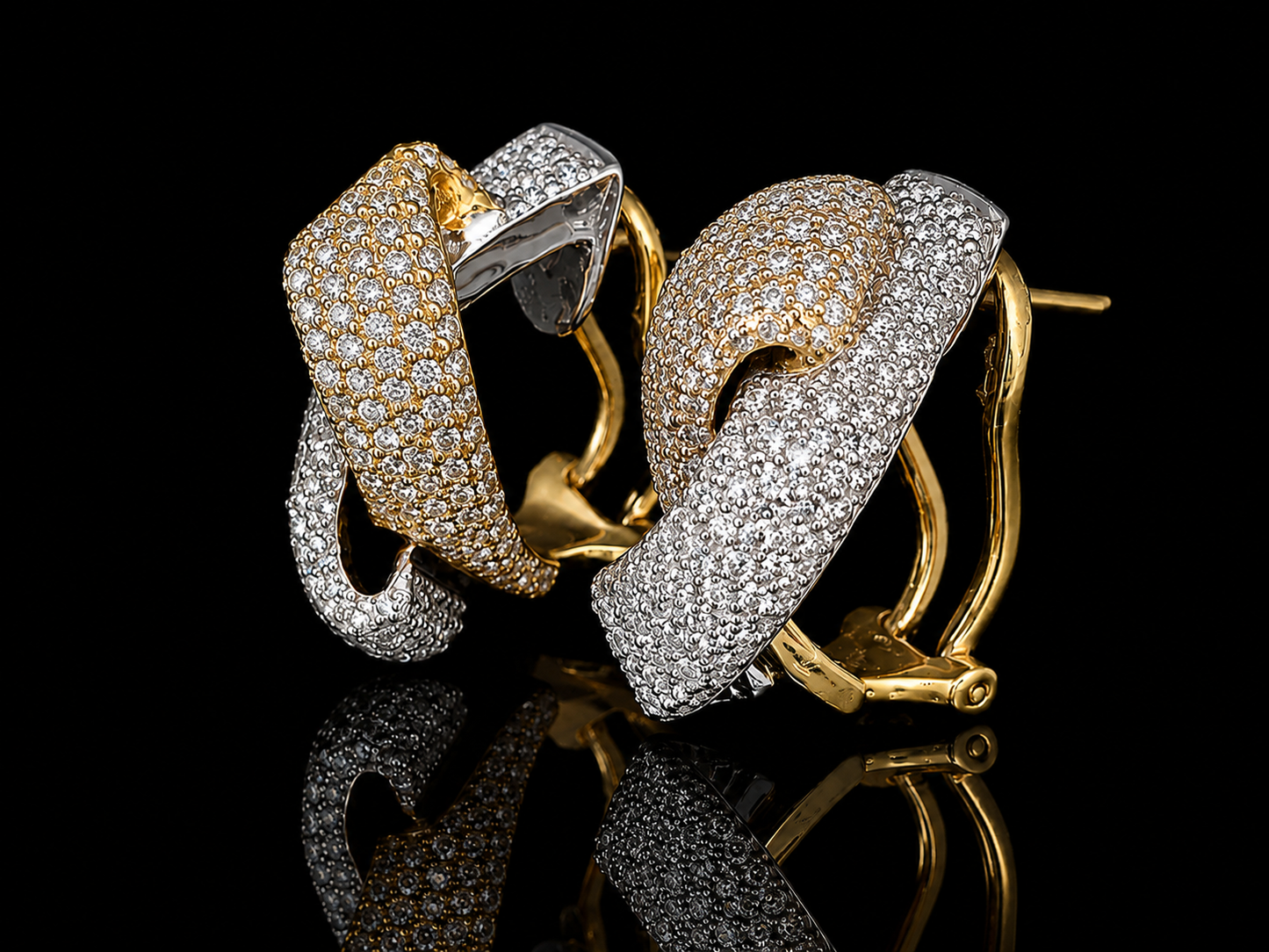 18K Two-Tone Gold Diamond Twist Huggie Earrings