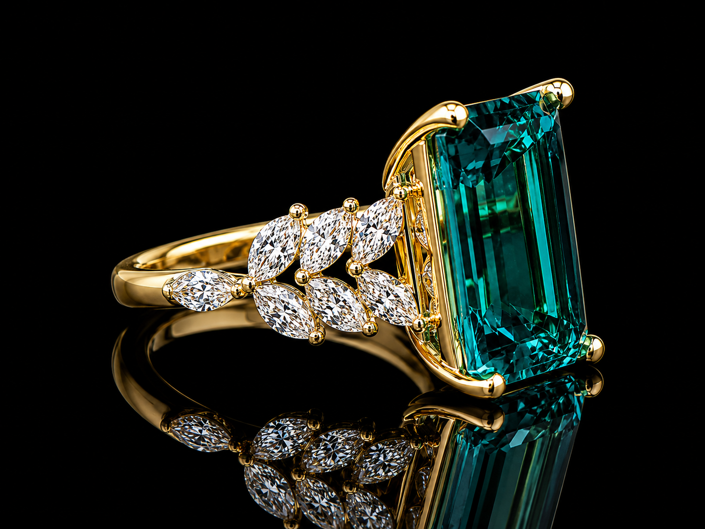 18K Yellow Gold 6.60CT  Lab-Grown Colombian Emerald & 0.85CT Marquise Diamond Engagement Ring