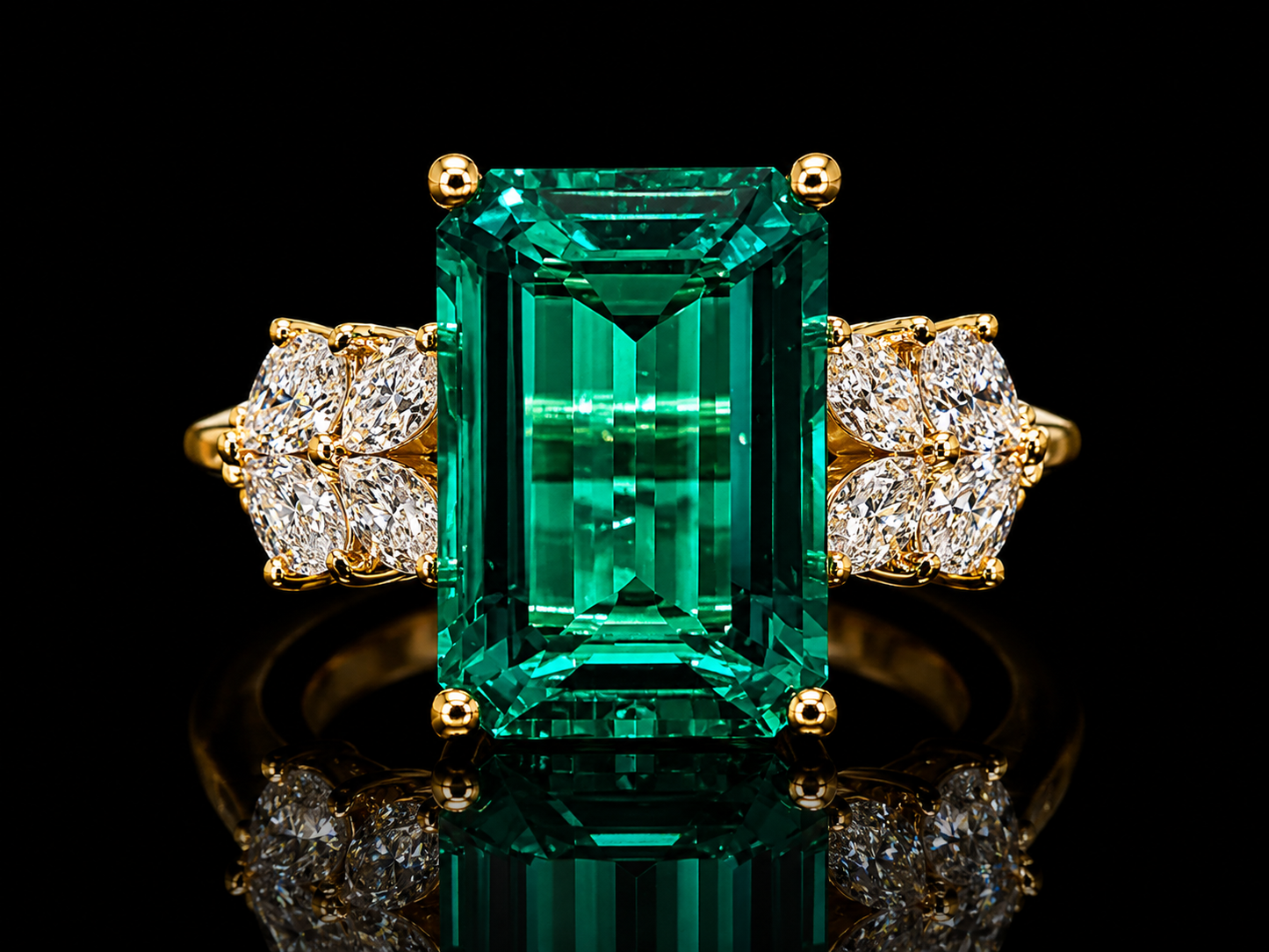18K Yellow Gold 6.60CT  Lab-Grown Colombian Emerald & 0.85CT Marquise Diamond Engagement Ring
