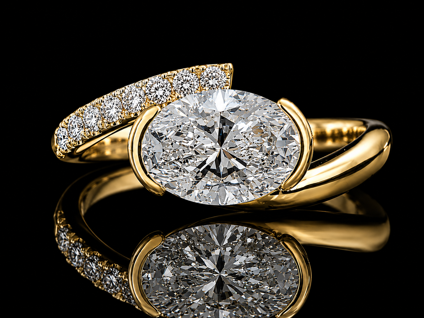 14K Gold Oval Lab Diamond Bypass Engagement Ring – IGI Certified | 0.13ct Pavé Diamond Band